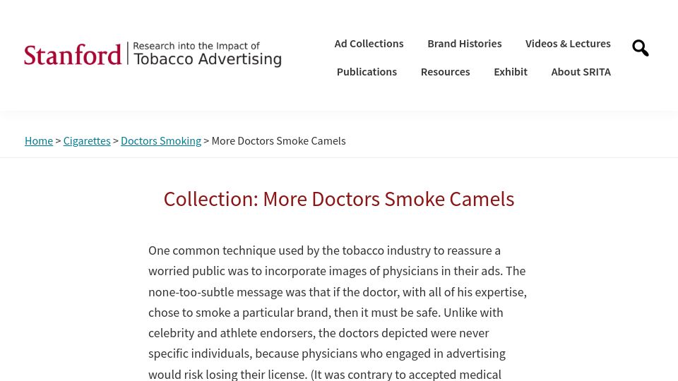 Screenshot of tobacco.stanford.edu: Collection: More Doctors Smoke Camels