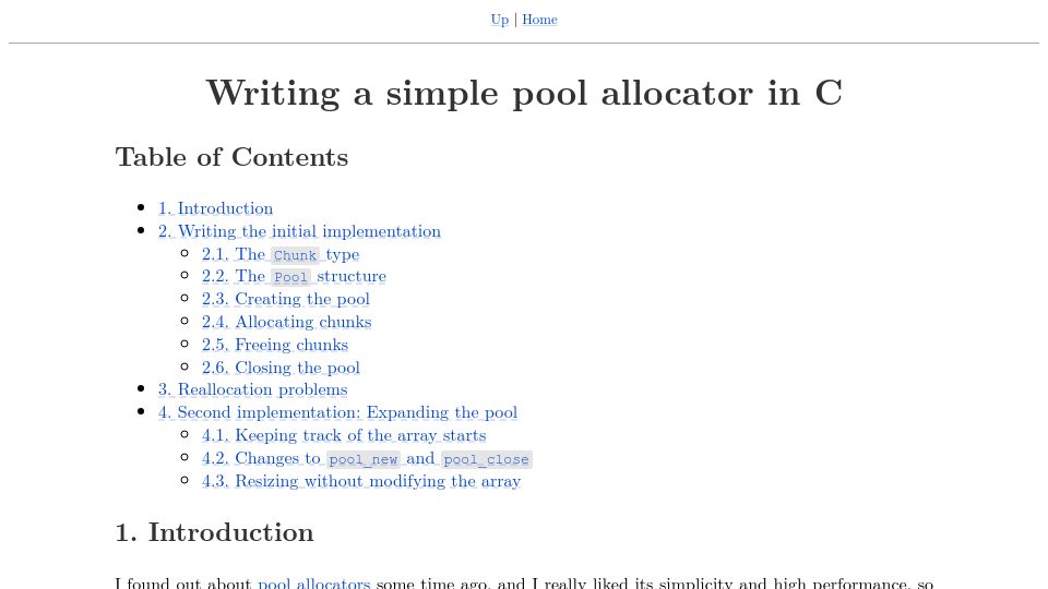 Screenshot of 8dcc.github.io: Writing a simple pool allocator in C