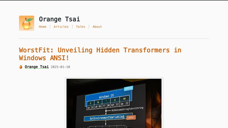 Screenshot of blog.orange.tw: WorstFit: Unveiling Hidden Transformers in Windows ANSI