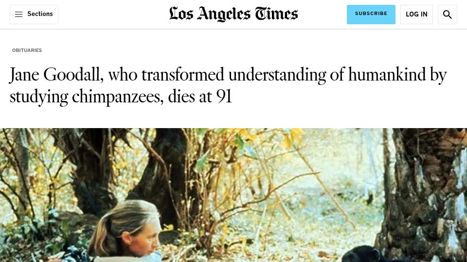 Screenshot of latimes.com: Jane Goodall has died