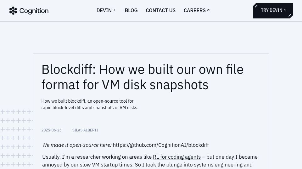 Screenshot of cognition.ai: Blockdiff: We built our own file format for VM disk snapshots