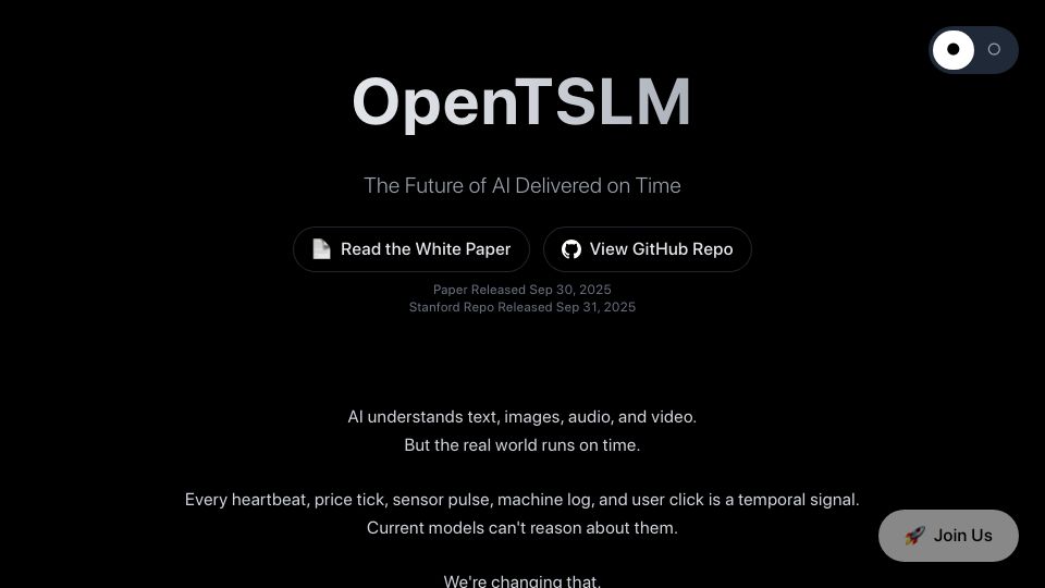 Screenshot of opentslm.com: OpenTSLM: Language models that understand time series