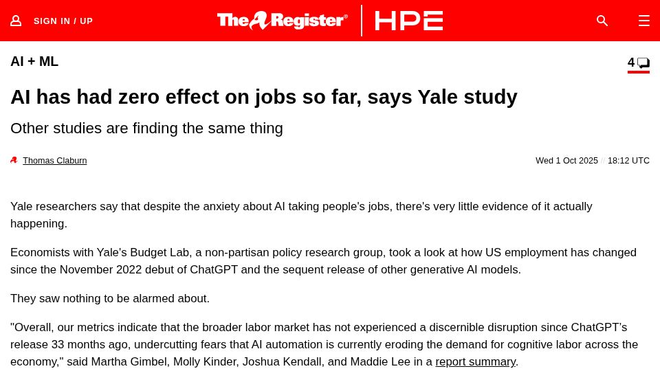 Screenshot of budgetlab.yale.edu: Evaluating the impact of AI on the labor market: Current state of affairs