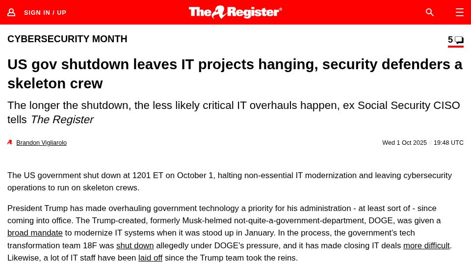 Screenshot of theregister.com: US gov shutdown leaves IT projects hanging, security defenders a skeleton crew