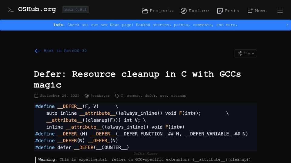 Screenshot of oshub.org: Defer: Resource cleanup in C with GCCs magic