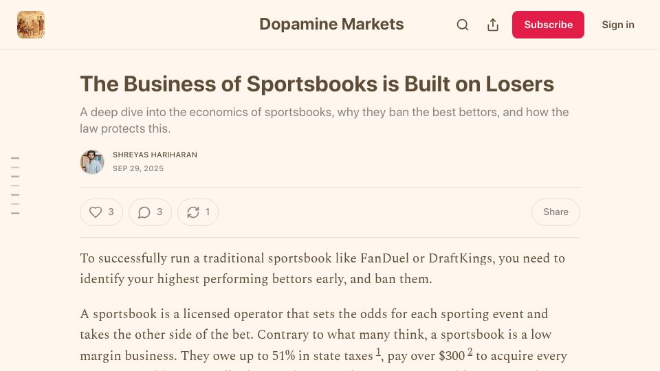 Screenshot of dopaminemarkets.com: Economics of sportsbooks and why they ban the best bettors