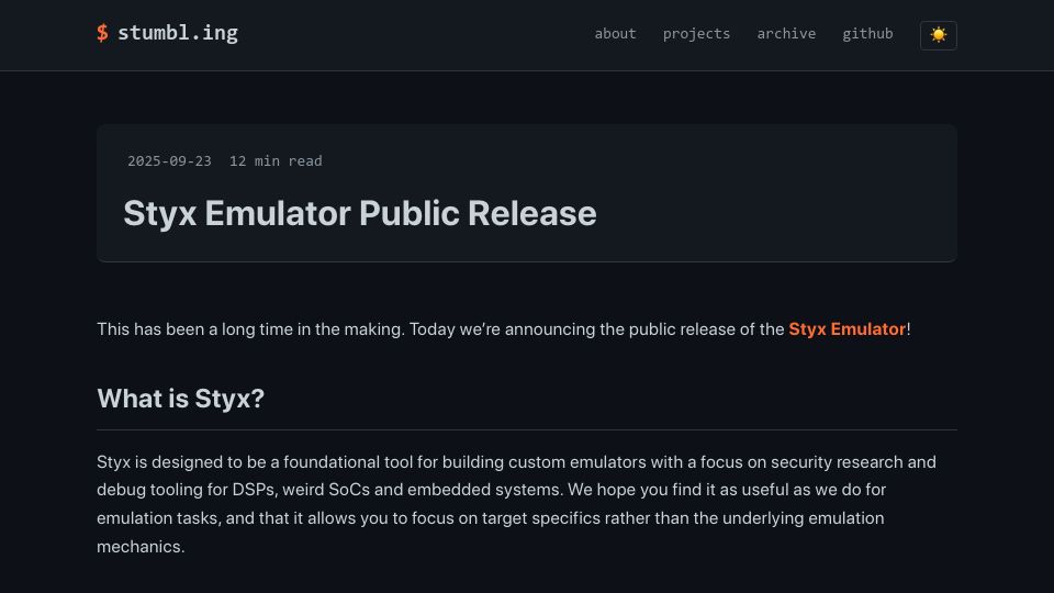 Screenshot of stumbl.ing: Styx Emulator Public Release