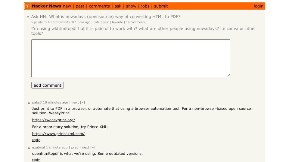 Screenshot of Hacker News post: Ask HN: What is nowadays (opensource) way of converting HTML to PDF?