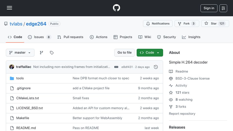 Screenshot of github.com: Edge264 – Minimalist, high-performance software decoder for H.264/AVC video