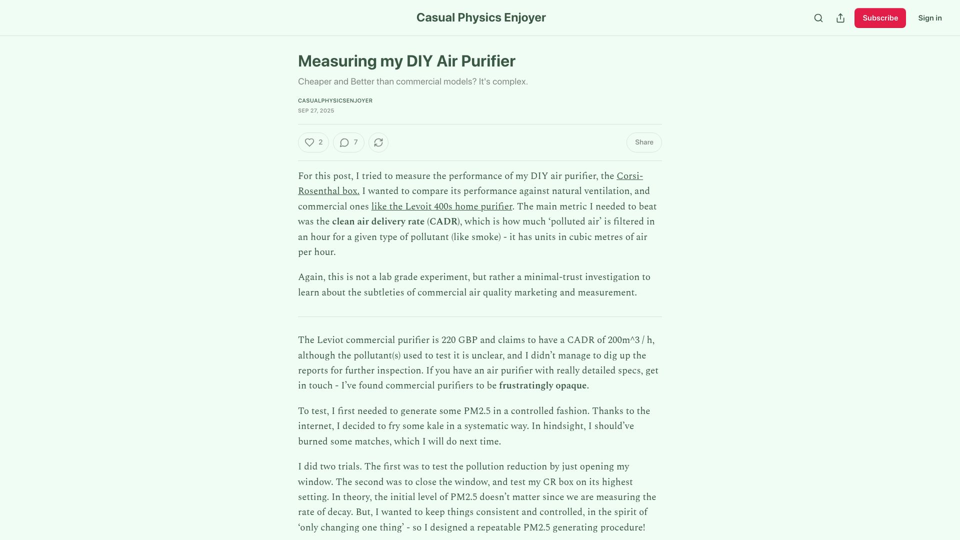 Screenshot of chillphysicsenjoyer.substack.com: Measuring My DIY Air Purifier