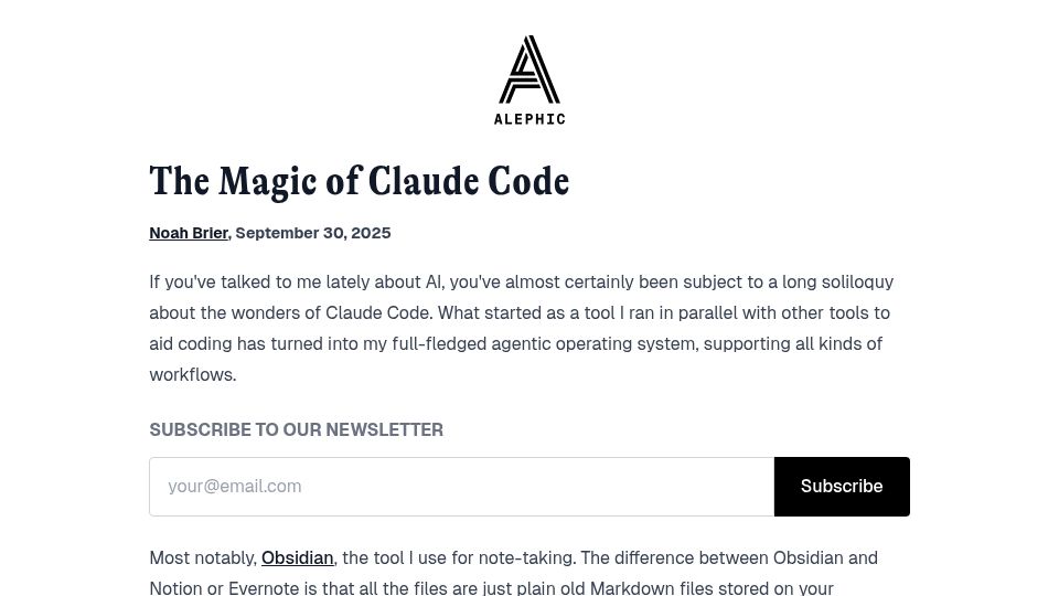 Screenshot of alephic.com: Unix philosophy and filesystem access makes Claude Code amazing