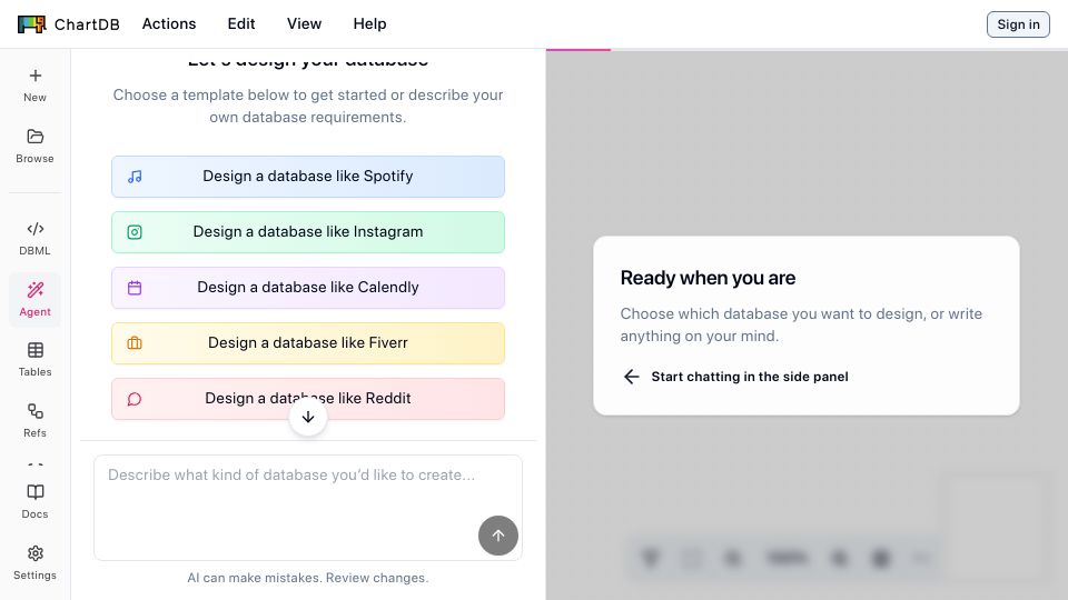 Screenshot of app.chartdb.io: Show HN: ChartDB Agent – Cursor for DB schema design
