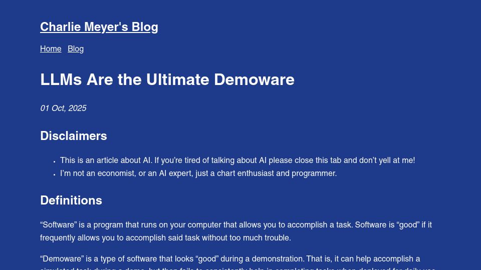 Screenshot of blog.charliemeyer.co: LLMs are the ultimate demoware