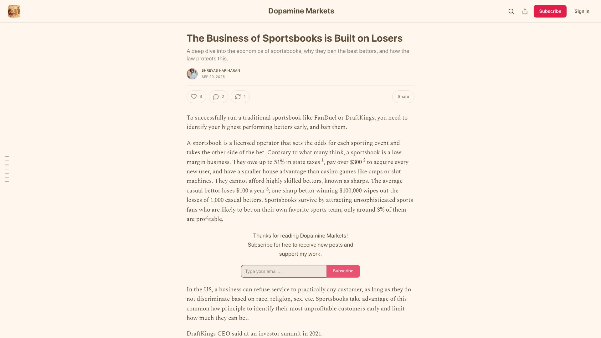 Screenshot of dopaminemarkets.com: Economics of sportsbooks and why they ban the best bettors