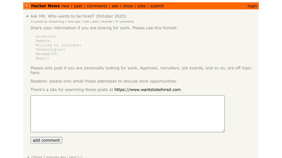 Screenshot of Hacker News post: Ask HN: Who wants to be hired? (October 2025)