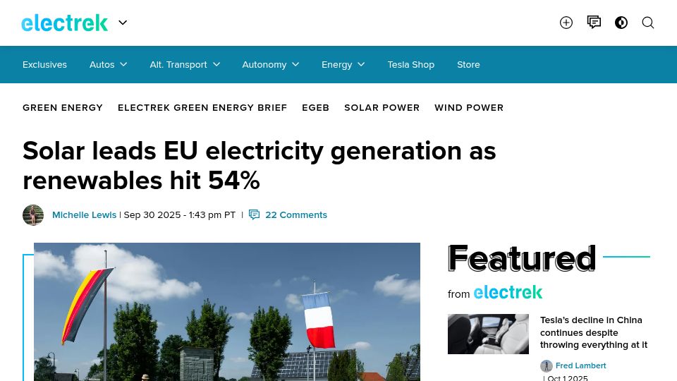 Screenshot of electrek.co: Solar leads EU electricity generation as renewables hit 54%