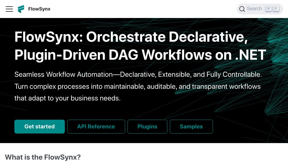 Screenshot of flowsynx.io: FlowSynx – Orchestrate Declarative, Plugin-Driven DAG Workflows on .NET