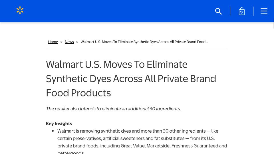 Screenshot of corporate.walmart.com: Walmart U.S. moves to eliminate synthetic dyes across all private brand foods