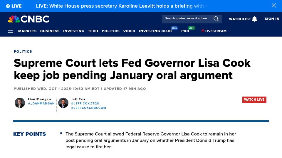 Screenshot of cnbc.com: Supreme Court lets Fed Governor Cook keep job pending oral argument in January