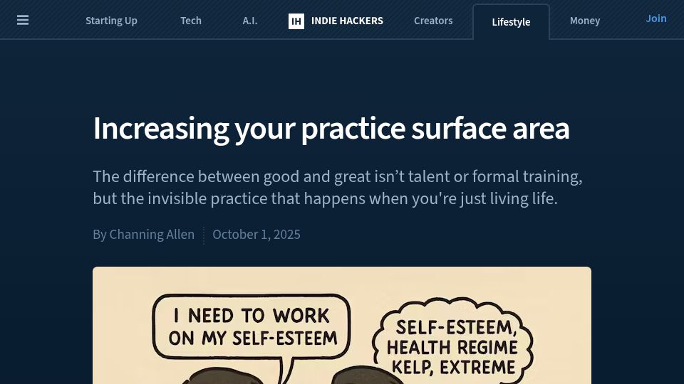 Screenshot of indiehackers.com: Increasing your practice surface area