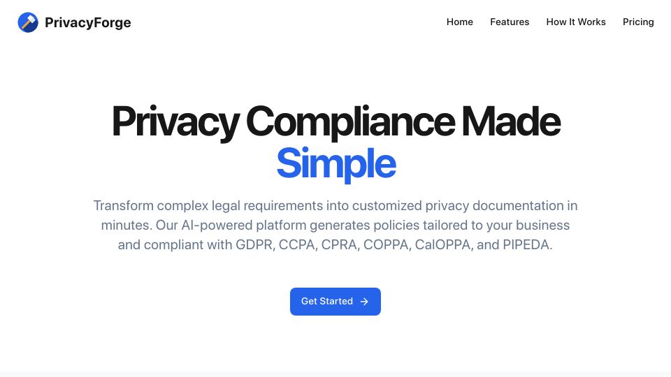 Screenshot of privacyforge.ai: Show HN: Privacyforge.ai – AI Privacy Compliance Documents That Work
