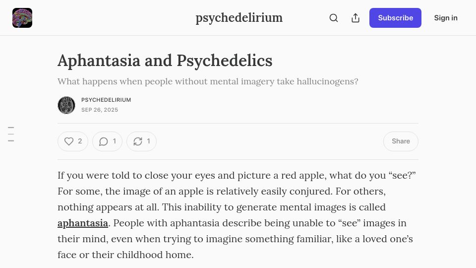 Screenshot of psychedelirium.substack.com: Aphantasia and Psychedelics