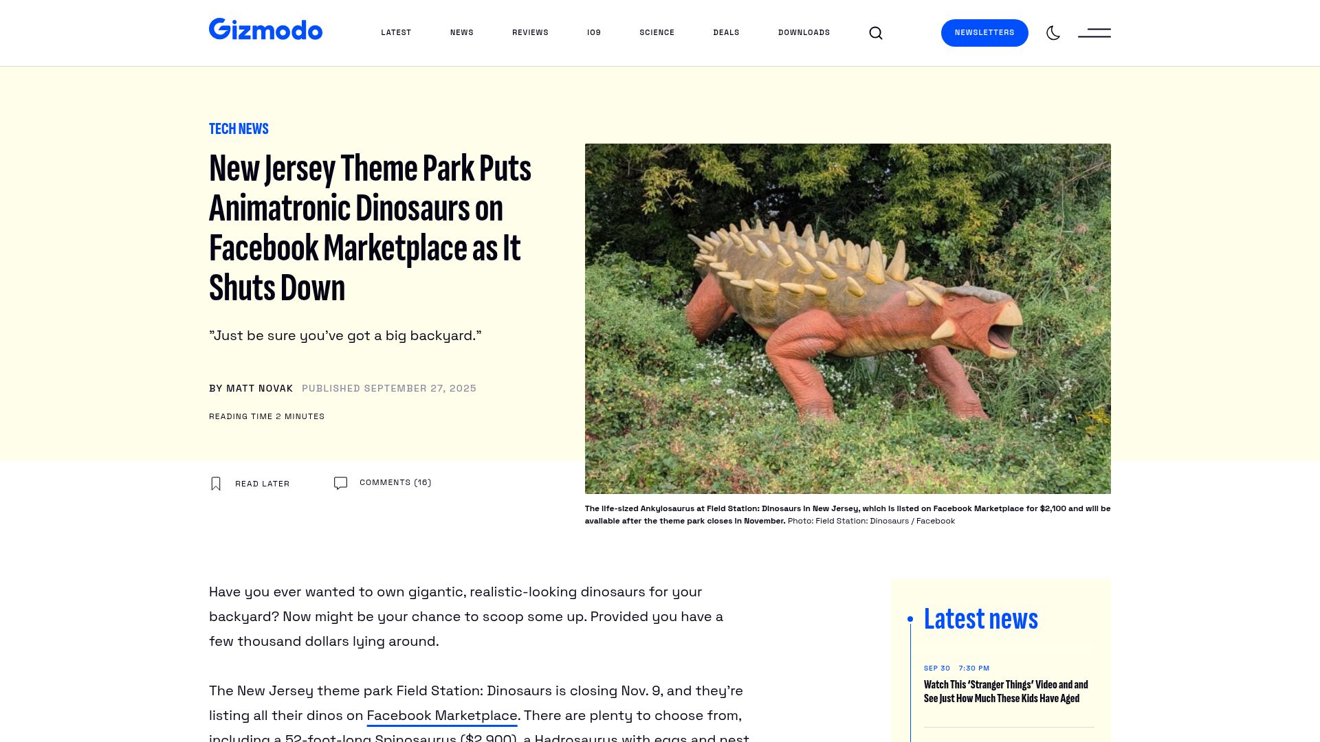 Screenshot of gizmodo.com: NJ theme park puts animatronic dinosaurs on Facebook Marketplace