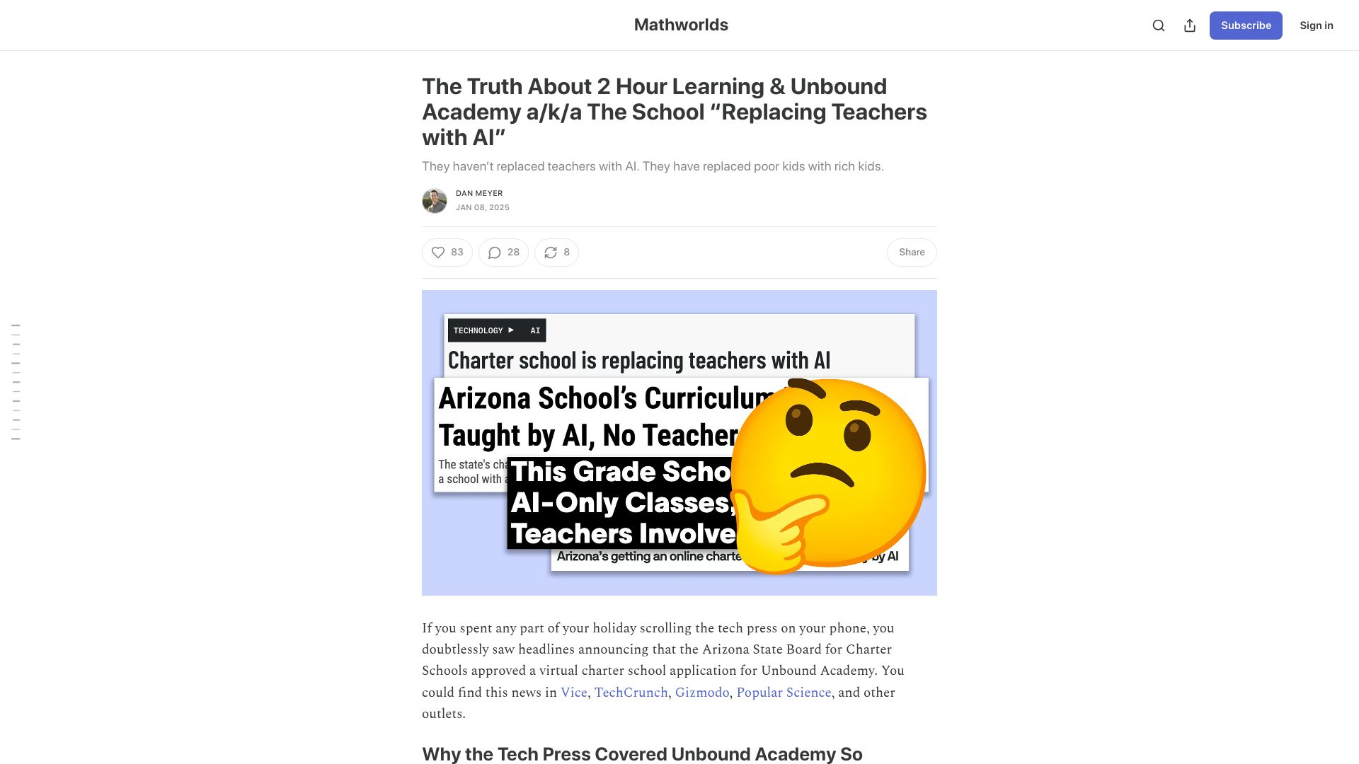 Screenshot of danmeyer.substack.com: Unbound Academy hasn’t replaced teachers with AI