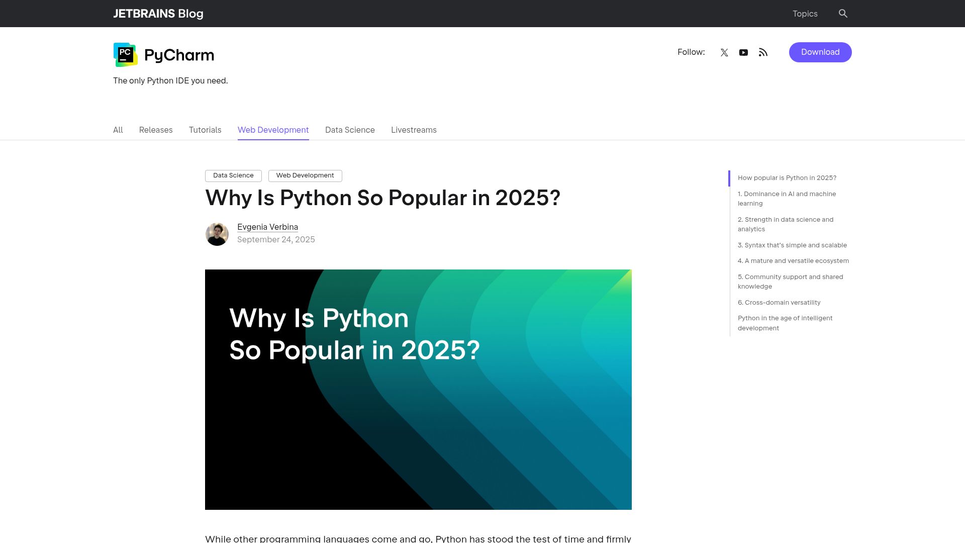 Screenshot of blog.jetbrains.com: Why Is Python So Popular in 2025? – The PyCharm Blog