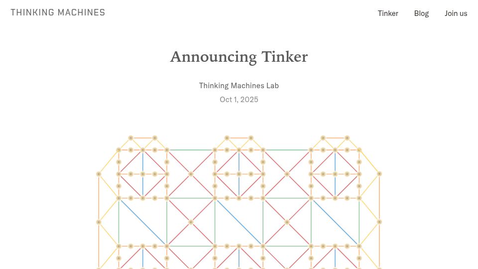 Screenshot of thinkingmachines.ai: Announcing Tinker