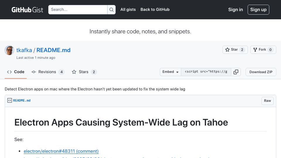 Screenshot of gist.github.com: Detect Electron apps on Mac that hasn't been updated to fix the system wide lag