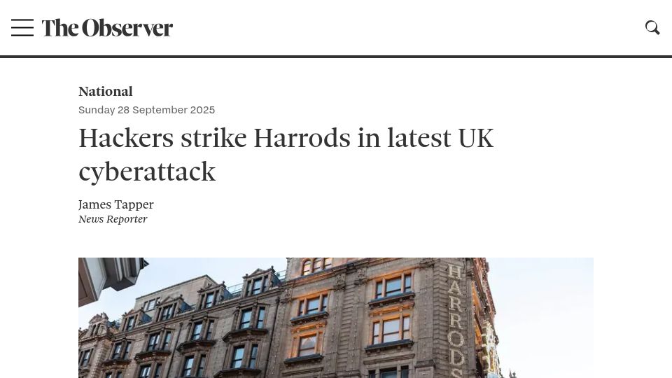 Screenshot of observer.co.uk: Hackers strike Harrods in latest UK cyberattack