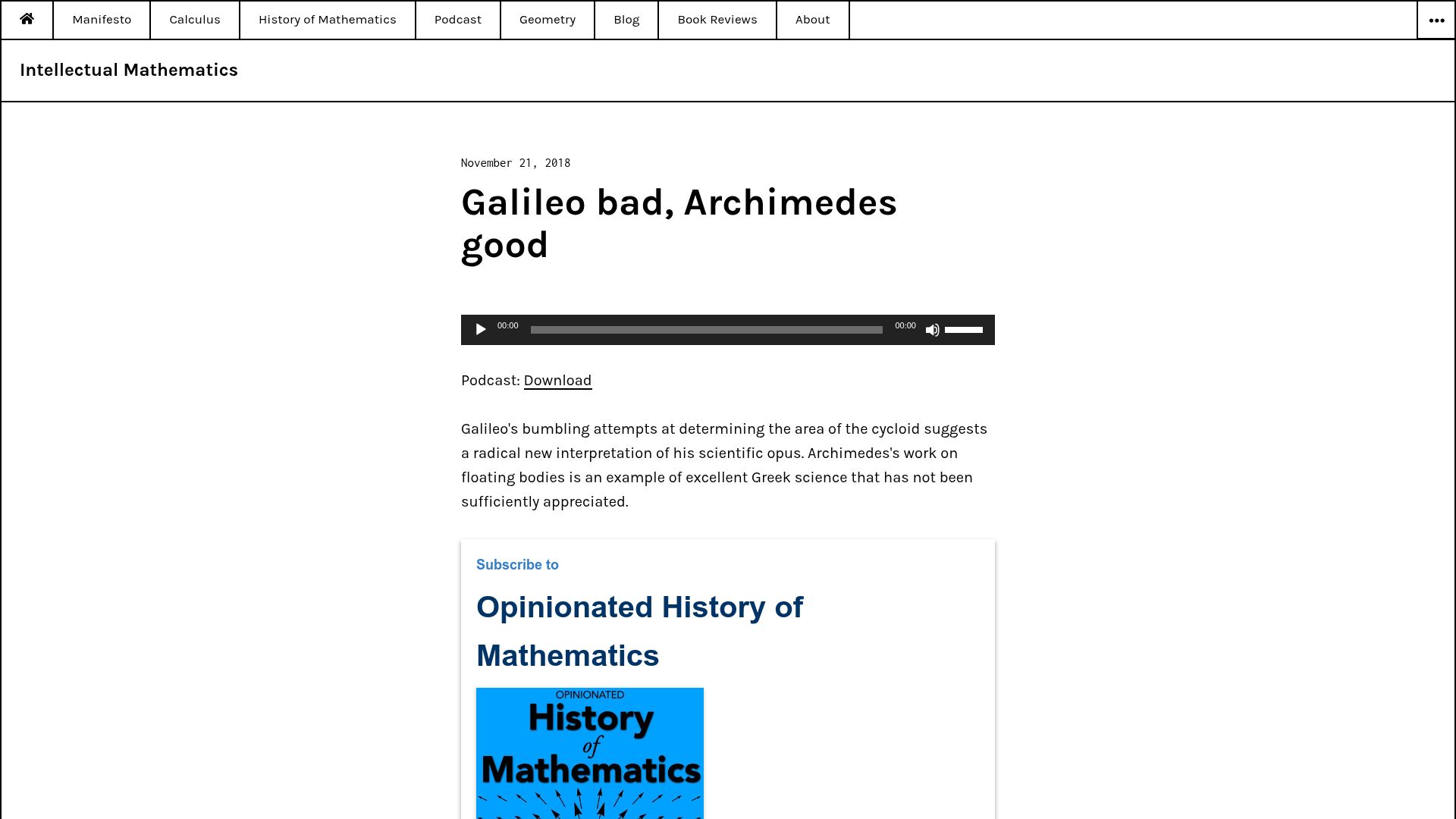 Screenshot of intellectualmathematics.com: Galileo Bad, Archimedes Good
