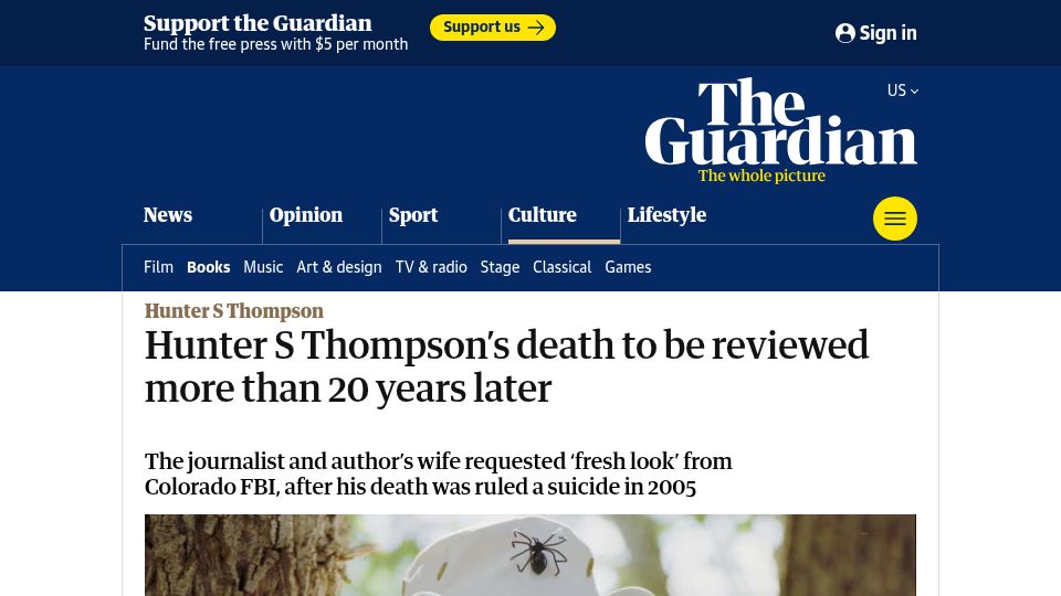 Screenshot of theguardian.com: Hunter S Thompson's death to be reviewed more than 20 years later