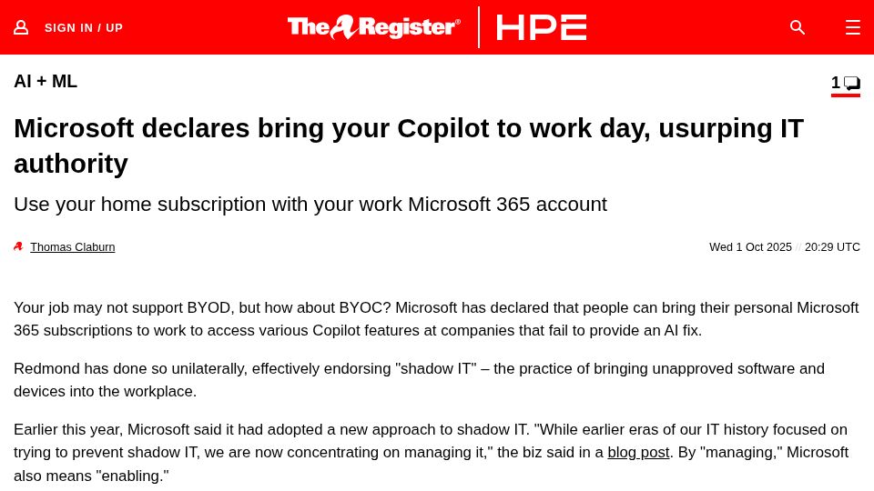Screenshot of theregister.com: Microsoft allows use of personal Microsoft 365 subscriptions at work
