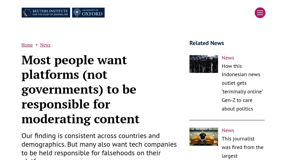 Screenshot of reutersinstitute.politics.ox.ac.uk: People want platforms, not governments, to be responsible for moderating content