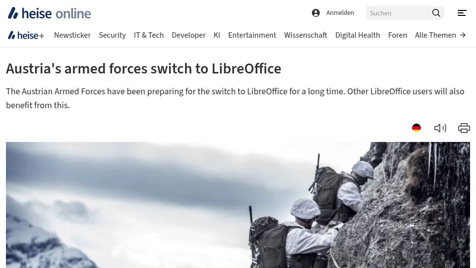 Screenshot of heise.de: Austria's armed forces switch to LibreOffice