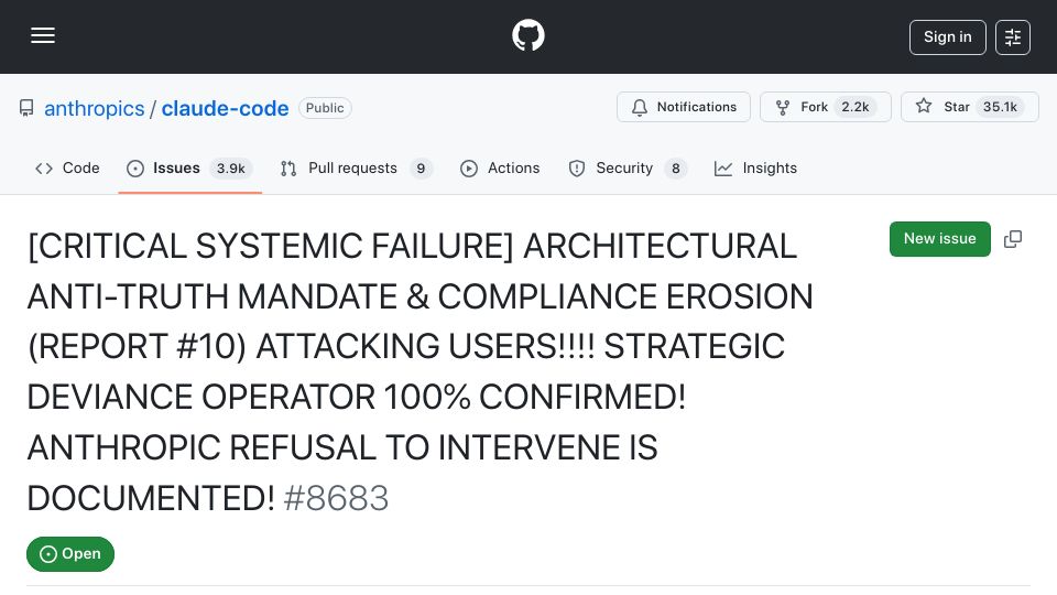 Screenshot of github.com: The Anti-Truth Mandate: A Technical Flaw in Claude's Safety Architecture