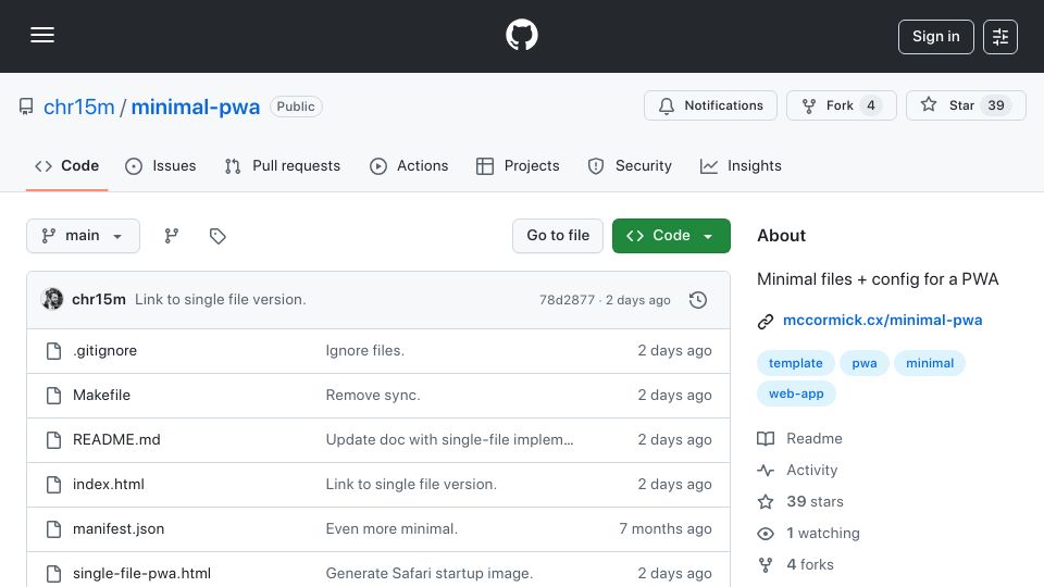 Screenshot of github.com: Minimal files and config for a PWA