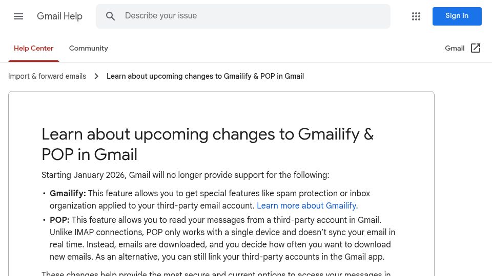 Screenshot of support.google.com: Gmail will no longer support checking emails from third-party accounts via POP