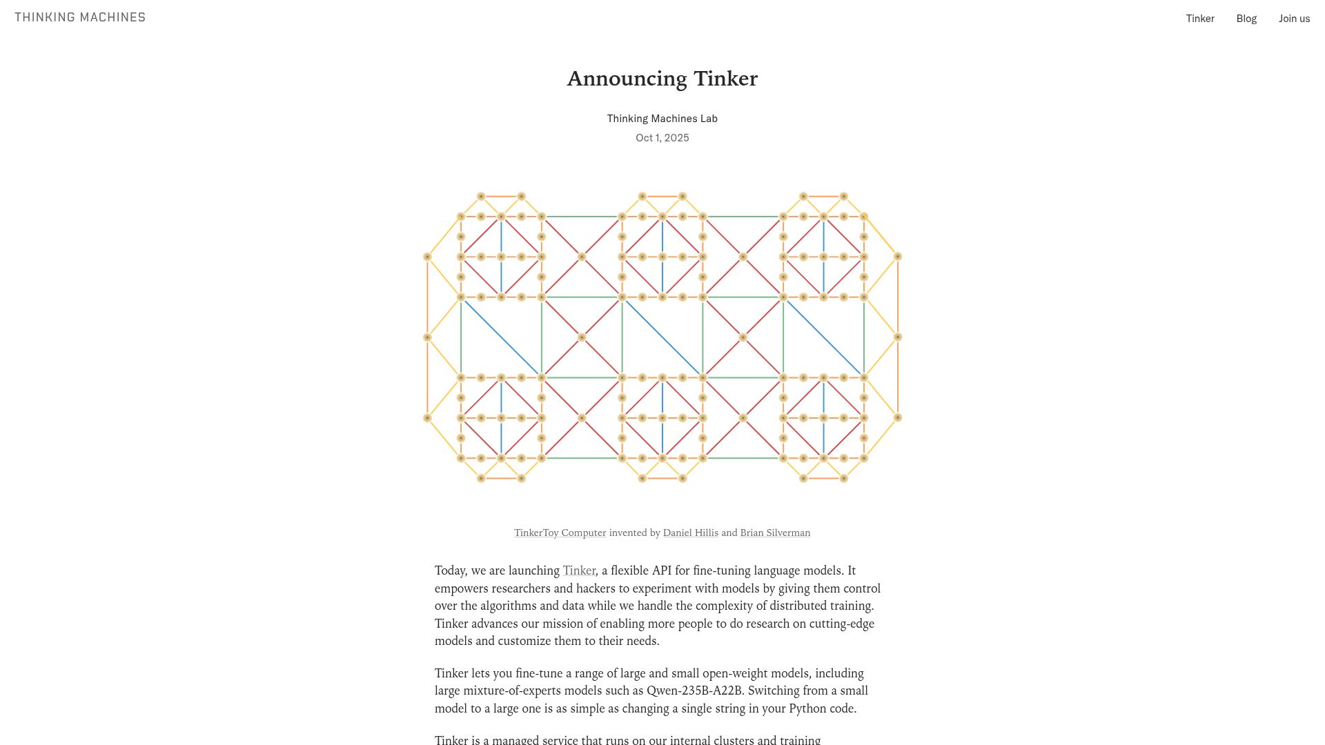 Screenshot of thinkingmachines.ai: Announcing Tinker