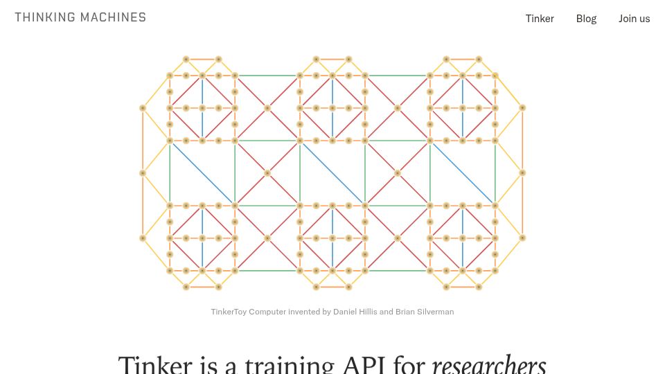 Screenshot of thinkingmachines.ai: Tinker by Thinking Machines