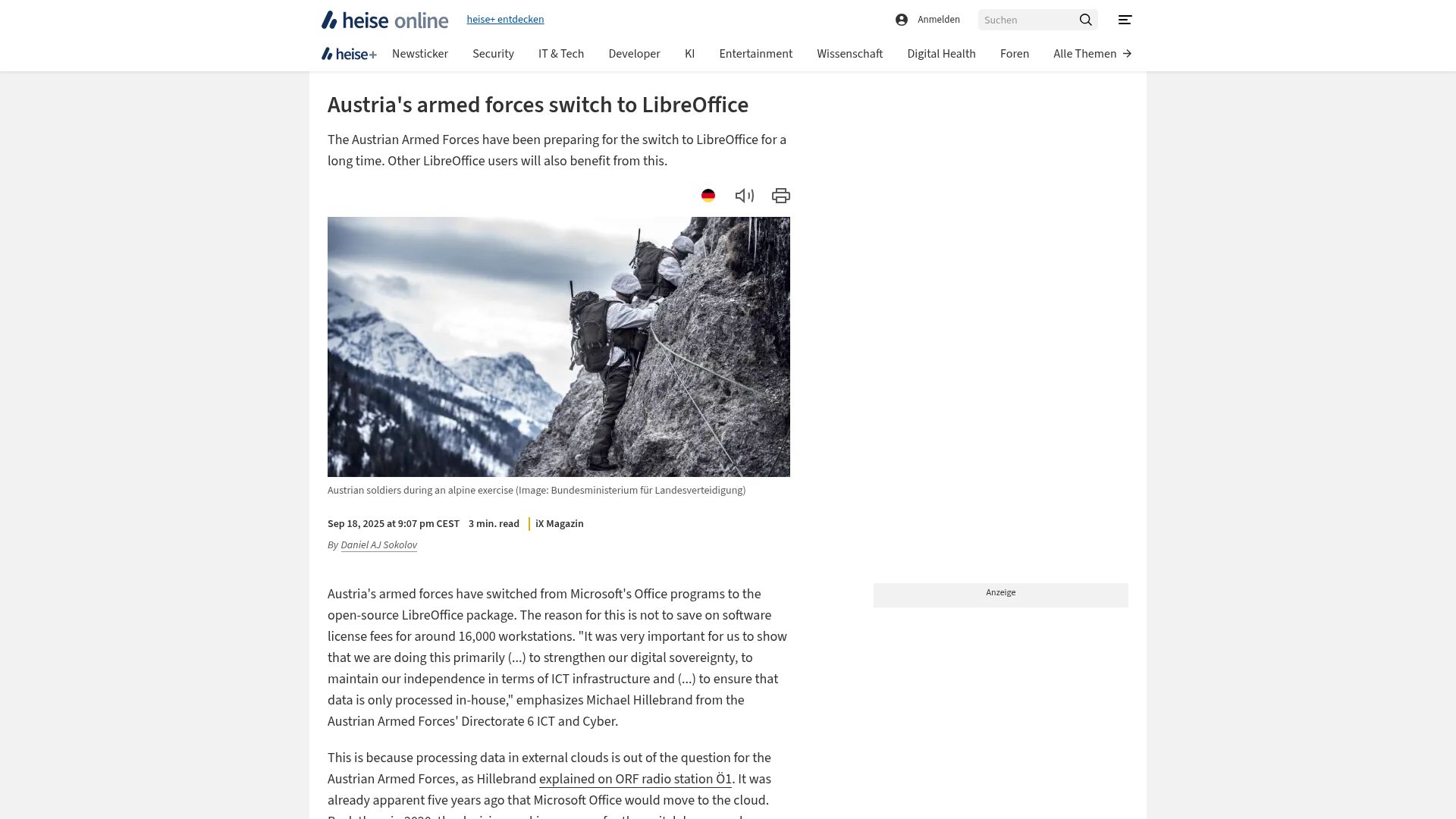 Screenshot of heise.de: Austria's armed forces switch to LibreOffice