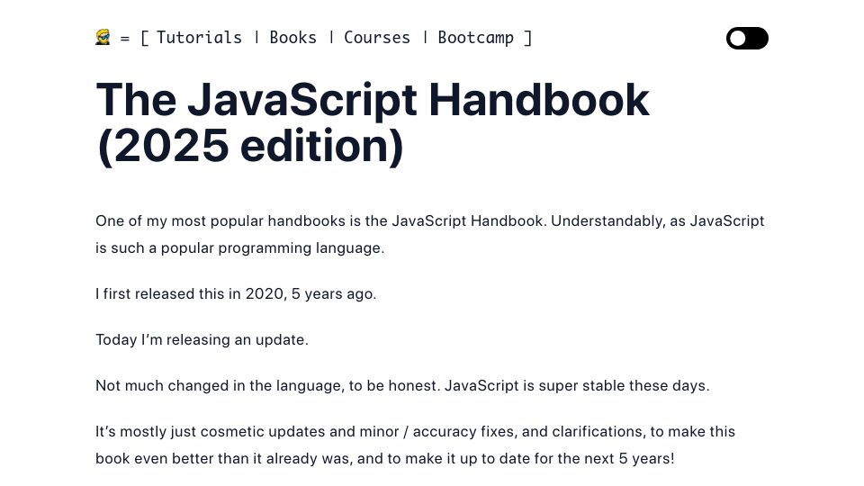 Screenshot of flaviocopes.com: The JavaScript Handbook (2025 edition)