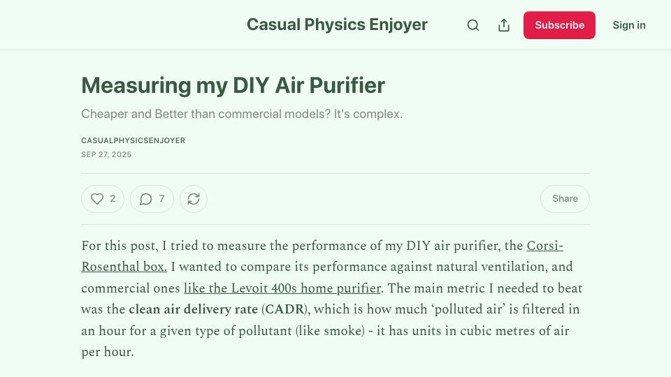 Screenshot of chillphysicsenjoyer.substack.com: Measuring My DIY Air Purifier