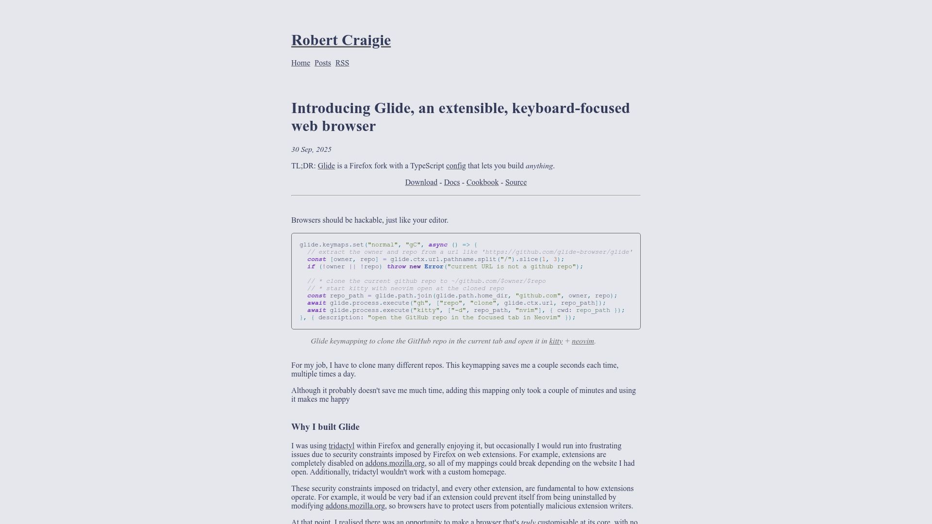 Screenshot of blog.craigie.dev: Show HN: Glide, an extensible, keyboard-focused web browser