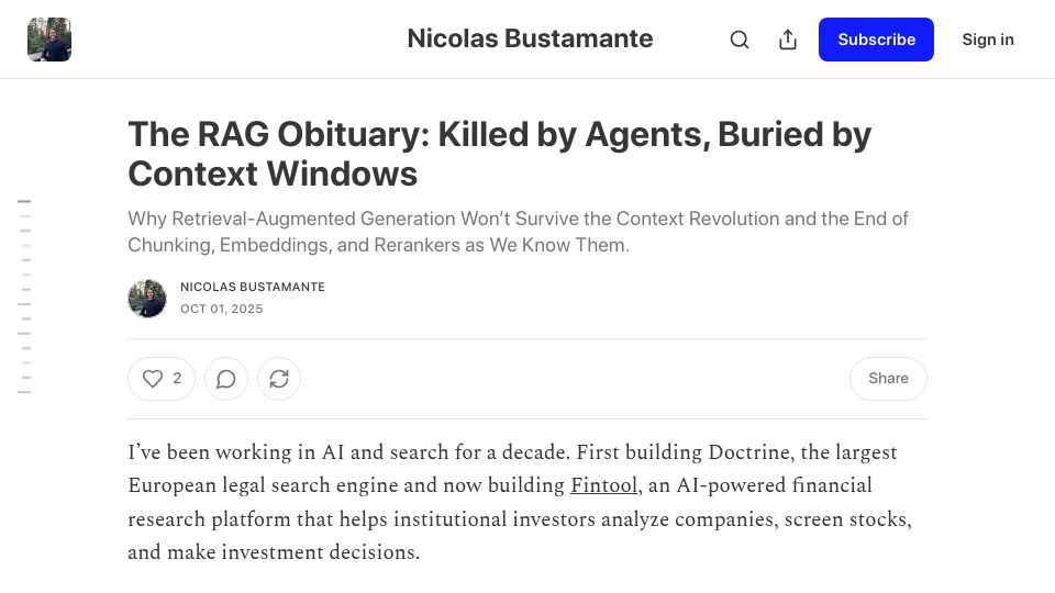 Screenshot of nicolasbustamante.com: The RAG Obituary: Killed by agents, buried by context windows