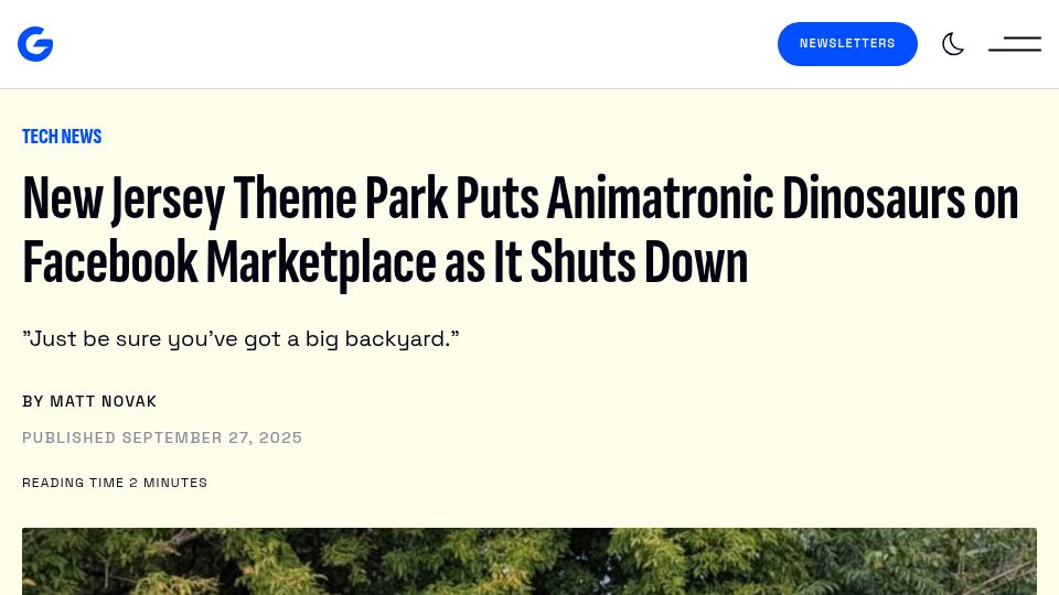 Screenshot of gizmodo.com: NJ theme park puts animatronic dinosaurs on Facebook Marketplace