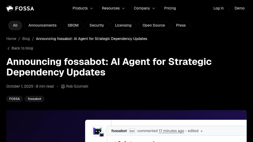 Screenshot of fossa.com: Fossabot: AI code review for Dependabot/Renovate on breaking changes and impacts
