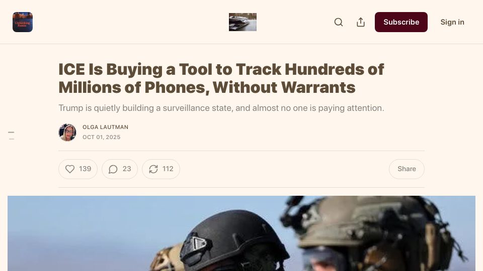 Screenshot of olgalautman.substack.com: ICE Is Buying a Tool to Track Phones, Without Warrants